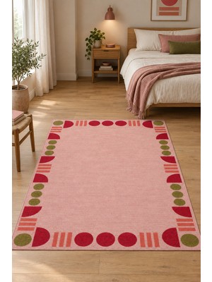 Rugs Modern Halı Dora Retro Geometrik Desenli Pudra, Kırık Beyaz ve Bordo Ince Dokuma Taban Salon Halısı OZL175