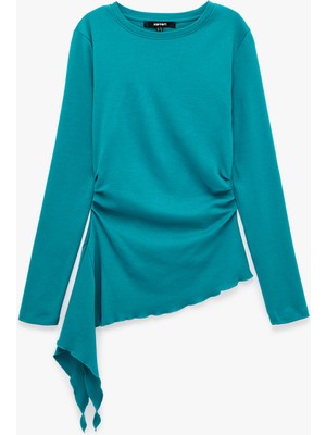 Koton Pamuklu Bisiklet Yaka Uzun Kollu Slim Fit Drapeli Asimetrik Bluz