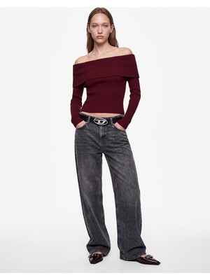 Koton Slim Fit Uzun Kollu Madonna Yaka Triko Omzu Açık Kazak