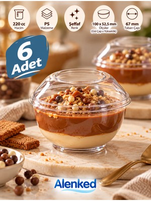 Alenked 220 cc Kapaklı Şeffaf Plastik Tatlı Kabı Aşure Puding Sunum Kasesi 6 Adet