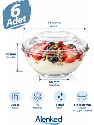 Alenked 250 cc Kapaklı Şeffaf Plastik Tatlı Kabı Puding Sütlaç Sunum Kasesi 6 Adet