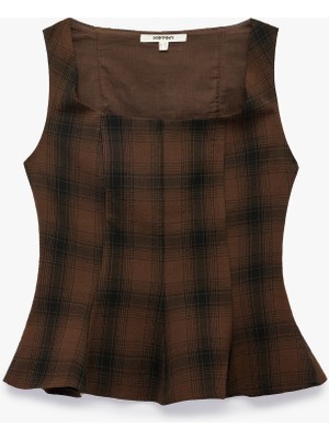 Koton Peplum Kesim Kare Yaka Kolsuz Ekose Bluz