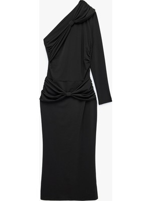 Koton Fiyonklu Drapeli Slim Fit Asimetrik Yaka Tek Omuz Uzun Kollu Maxi Elbise