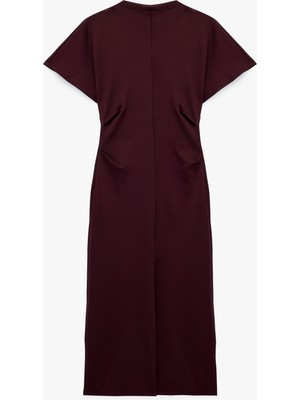 Koton Slim Fit Kısa Kollu Dik Yaka Pamuklu Drapeli Midi Bodycon Elbise