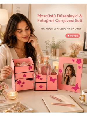 Maison Luré Şık 3’lü Masaüstü Organizer Seti, Çekmeceli Düzenleyici ve Fotoğraf Çerçevesi