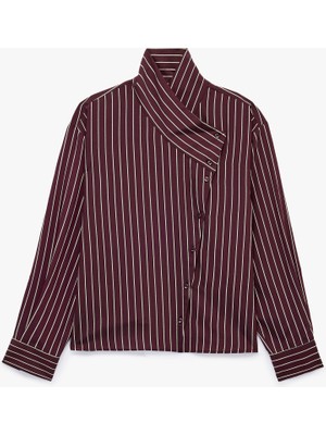 Koton Uzun Kollu Mürdüm Rengi Oversize Dik Yaka Çizgili Gömlek