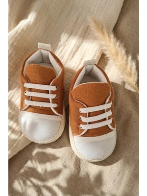 Babydonat Kısa Bağcıklı Pamuklu Kahve Ilk Adım Ayakkabısı - Yumuşak Tabanlı Hafif Bebek Patik Sneaker 18-19 Numara