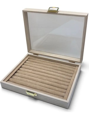 Maison Luré Ahşap Cam Kapaklı Sosisli Yüzük Sergileme Kutusu, Sütlü Kahverengi, 24X19X6 24X19X6 cm