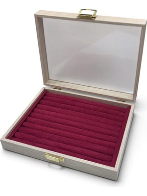 Maison Luré Ahşap Cam Kapaklı Sosisli Yüzük Sergileme Kutusu, Bordo, 24X19X6 cm