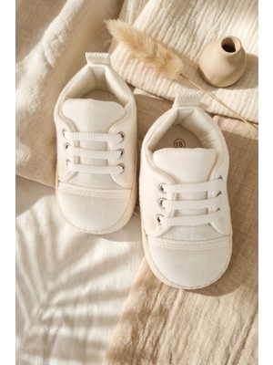 Babydonat Kısa Bağcıklı Pamuklu Krem Ilk Adım Ayakkabısı - Yumuşak Tabanlı Hafif Bebek Patik Sneaker 18-19 Numara