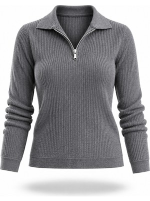 5in1Canpolat Gri Polo Yaka Fermuarlı Fitilli Triko 5668