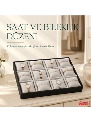 Maison Luré Şık Siyah Gri Deri Saat ve Takı Kutusu, 12'li Yastıklı Vitrin Standı 25X35 cm