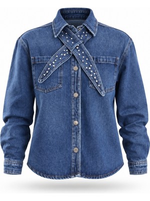 5in1Canpolat Mavi Çıkarılabilir Fularlı Denim Gömlek 8430