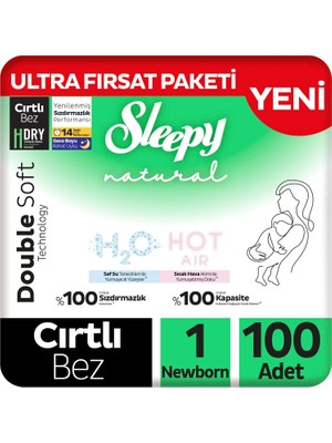 Sleepy Natural Double Soft Ultra Fırsat Paketi Bebek Bezi 1 Numara Newborn 100 Adet