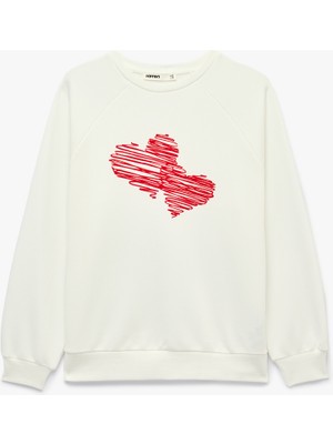 Koton Pamuklu Bisiklet Yaka Uzun Kollu Kalp Baskılı Sweatshirt