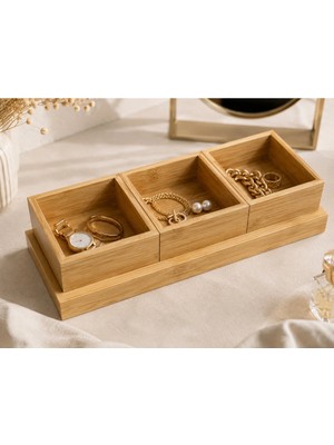 Maison Luré Çok Amaçlı Bambu Organizer, 3 Bölmeli, Şık ve Fonksiyonel Depolama Makyaj & Takı