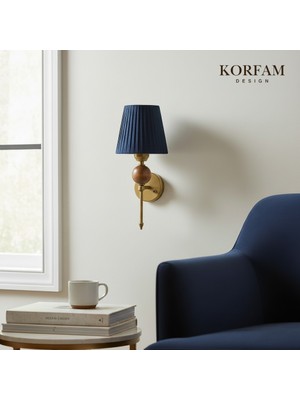 KorFam Kablosuz Pilli Aplik Lacivert Keten Şerit Kumaş Başlık Ahşap Top Detaylı Aplik