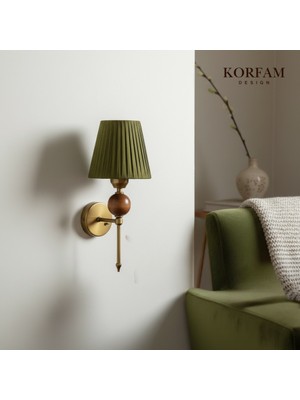 KorFam Kablosuz Pilli Aplik Yeşil Keten Şerit Kumaş Başlık Ahşap Top Detaylı Aplik