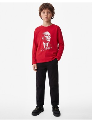 Koton Atatürk Baskılı Uzun Kollu Bisiklet Yaka Pamuklu Tişört