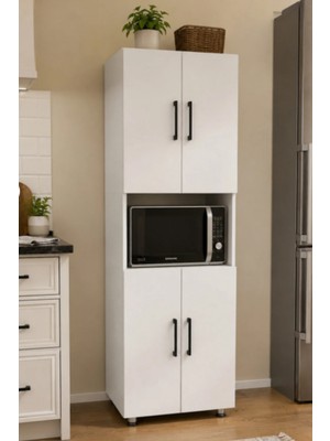 Dienni 4 Kapaklı 5 Bölmeli Çok Amaçlı Dolap Beyaz Mini Fırın Bölmeli Mutfak Dolabı 161X56X32 cm