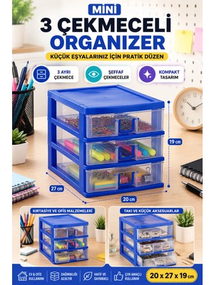 Maison Luré Şeffaf Mini 3 Çekmeceli Organizer, Masaüstü Düzenleyici 20X27X19 cm