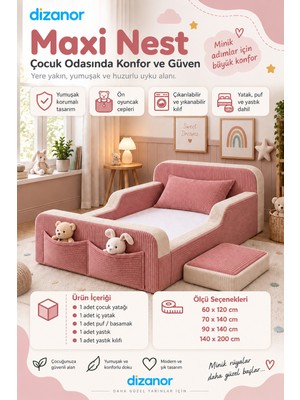 Dizanor Yeni Nesil Maxi Nest %100 Sünger ve Yıkanabilir Fermuarlı Kumaşa Sahip Bebek, Çocuk ve Genç Montessori Karyola Baza ve Başlık Yatağı Seti - Pembe Fitilli