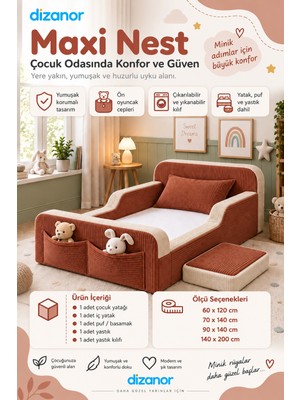 Dizanor Yeni Nesil Maxi Nest %100 Sünger ve Yıkanabilir Fermuarlı Kumaşa Sahip Bebek, Çocuk ve Genç Montessori Karyola Baza ve Başlık Yatağı Seti - Kiremit Fitilli