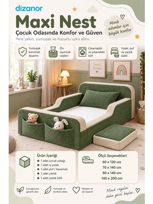Dizanor Yeni Nesil Maxi Nest %100 Sünger ve Yıkanabilir Fermuarlı Kumaşa Sahip Bebek, Çocuk ve Genç Montessori Karyola Baza ve Başlık Yatağı Seti - Yeşil Fitilli