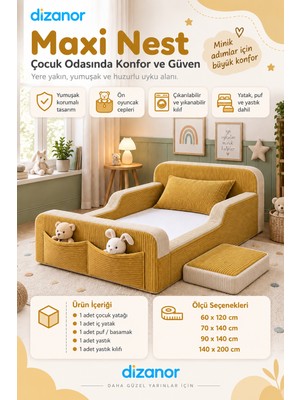 Dizanor Yeni Nesil Maxi Nest %100 Sünger ve Yıkanabilir Fermuarlı Kumaşa Sahip Bebek, Çocuk ve Genç Montessori Karyola Baza ve Başlık Yatağı Seti - Sarı Fitilli