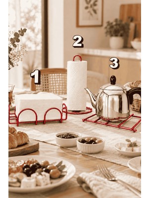Edora Home 3'lü Kırmızı Nihale Peçetelik Havluluk Seti Siyah Rengi Paslanmaz Çelik Mutfak Servis Sunum Takım