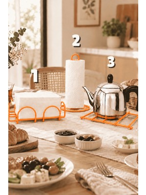 Edora Home 3'lü Turuncu Nihale Peçetelik Havluluk Seti Siyah Rengi Paslanmaz Çelik Mutfak Servis Sunum Takım