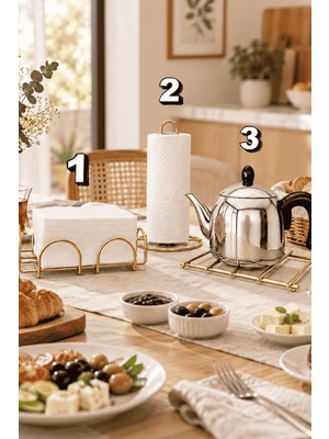 Edora Home 3'lü Parlak Altın Nihale Peçetelik Havluluk Seti Siyah Rengi Paslanmaz Çelik Mutfak Servis Sunum Takım