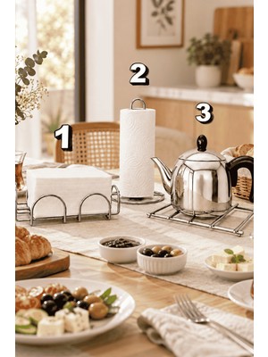 Edora Home 3'lü Parlak Silver Nihale Peçetelik Havluluk Seti Siyah Rengi Paslanmaz Çelik Mutfak Servis Sunum Takım