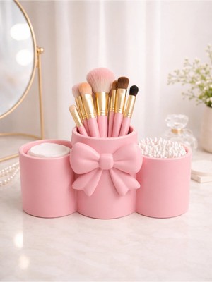 Maison Luré Şık Pembe Fiyonklu 3 Bölmeli Makyaj ve Aksesuar Organizeri 16X16 cm