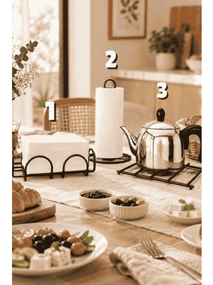 Edora Home 3'lü Siyah Nihale Peçetelik Havluluk Seti Siyah Rengi Paslanmaz Çelik Mutfak Servis Sunum Takım