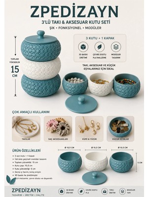 Maison Luré 3D Baskı 3'lü Takı ve Aksesuar Saklama Kutusu Kapaklı Dekoratif Makyaj & Takı Organizeri