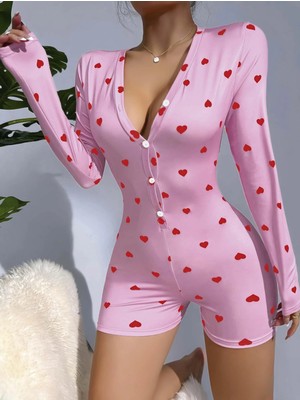 Ayessa Morliva Kadın Pembe Kalp Desenli Pijama Tulumu 5121