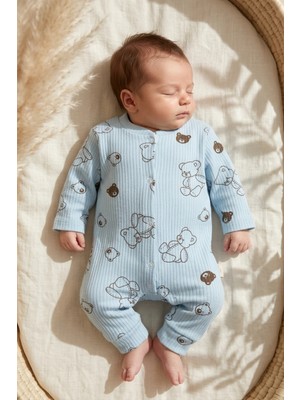 Mavi Bear Desenli Raporlu Kumaş % 100 Pamuk Erkek Bebek Tulumu 3-6-9 Ay