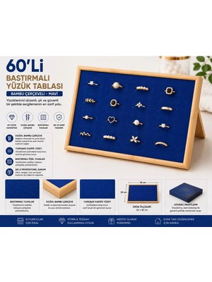 Maison Luré Bambu Çerçeveli Mavi Kadife 60’lı Bastırmalı Yüzük Tablası, 20X30CM