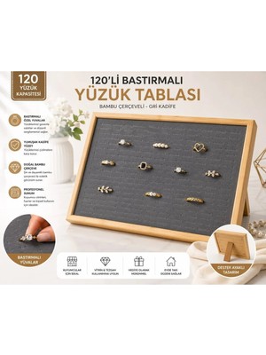 Maison Luré 120'LI Bastırmalı Yüzük Tablası, Bambu Çerçeveli, Gri Kadife 25X35CM 120 Adet