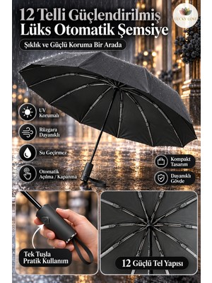 Lucky Love 12 Telli Güçlendirilmiş Lüks Otomatik Şemsiye Uv Korumalı Rüzgara Dayanıklı Su Geçirmez