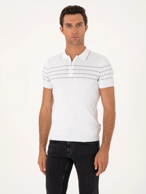 Cacharel White Slim Fit %100 Cotton Zip Polo Collar Knit T-Shirt