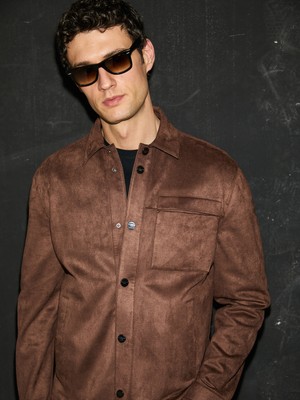 Cacharel Brown Shirt Collar Faux Leather Jacket