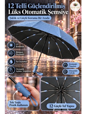 Lucky Love 12 Telli Güçlendirilmiş Lüks Otomatik Şemsiye Uv Korumalı Rüzgara Dayanıklı Su Geçirmez