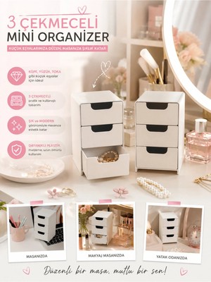 Maison Luré 2'li Mini Masaüstü Organizer, 3 Çekmeceli, Makyaj ve Takı Saklama Kutusu