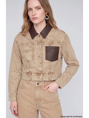 Network Bej Suni Deri Yaka Garnili Denim Mont