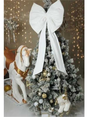 Beige & Stone Kurdele Yıllbaşı Ağaç Süs Noel Dev Beyaz Fiyonk 55X150 cm Büyük