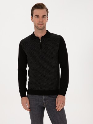 Cacharel Siyah Slim Fit Pamuk Karışımlı Fermuarlı Polo Yaka Triko Kazak