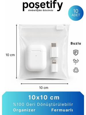 Maison Luré Buzlu Şeffaf Fermuarlı Organizer 10X10 cm 10'lu Set Çok Amaçlı Torba 10 Adet