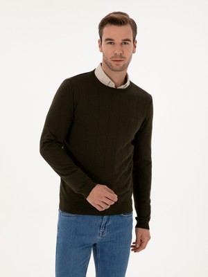Cacharel Haki Slim Fit Pamuk Karışımlı Bisiklet Yaka Triko Kazak
